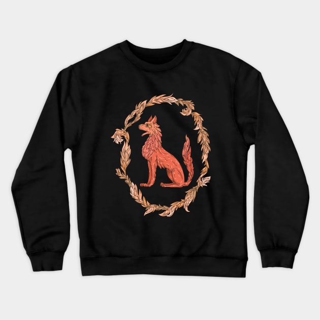 Red fire wolf in a floral wreath Crewneck Sweatshirt by PinataFoundry